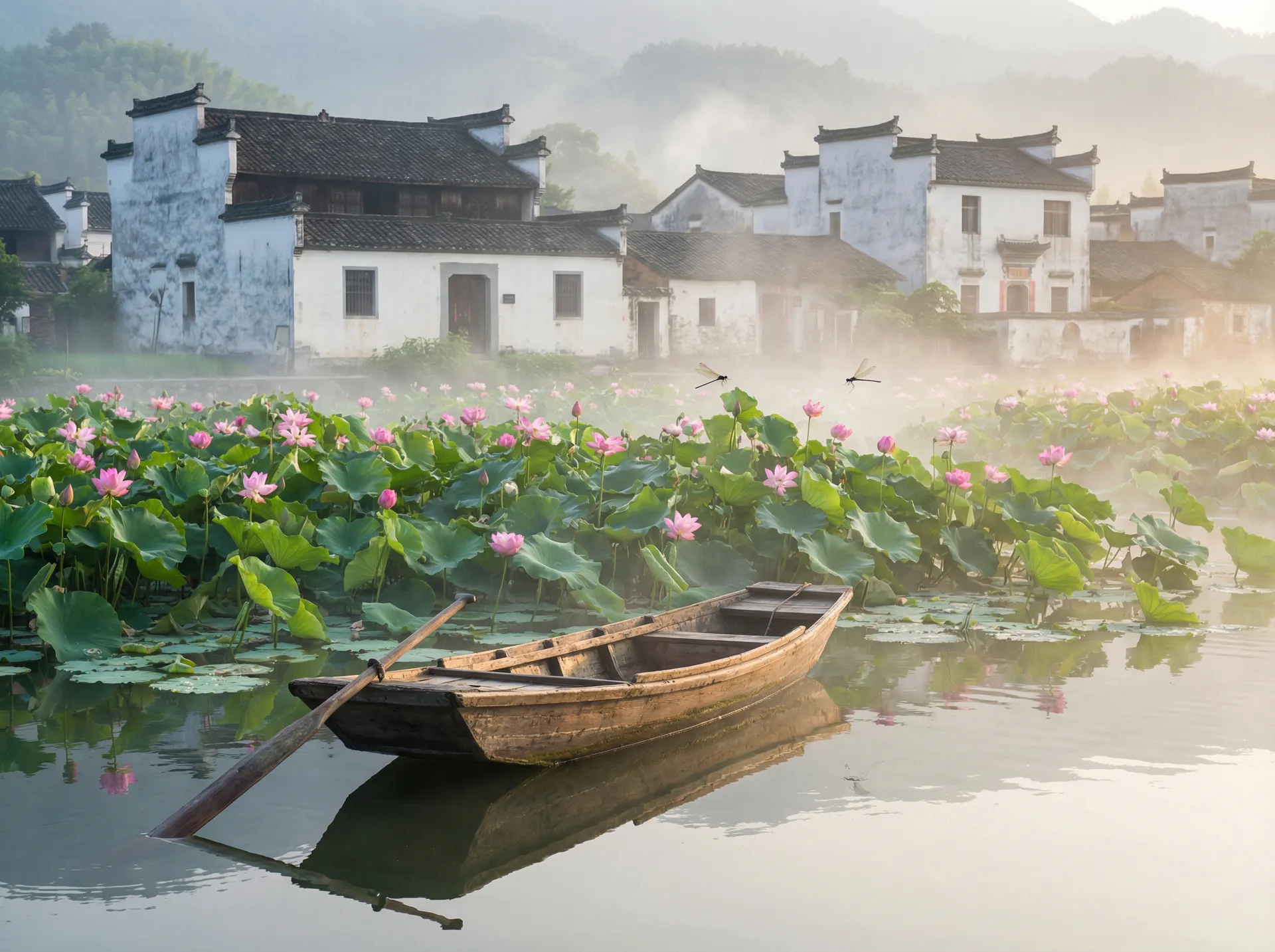 清晨荷塘小舟，粉色荷花盛开，白墙黑瓦的村庄 - 《潮湿的口红》韩漫 水乡风情
